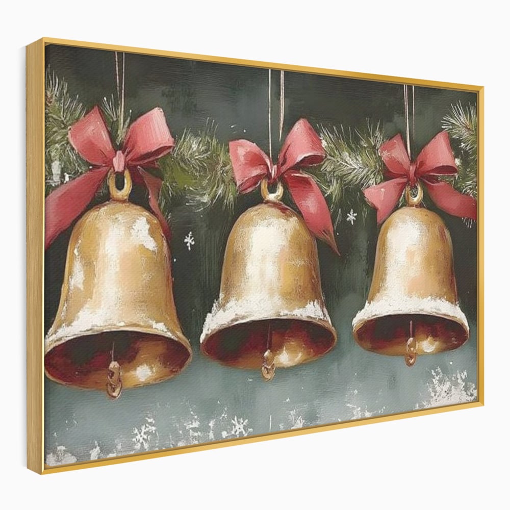 Tablou canvas cu pictura cu clopote aurii de craciun, in rama de aluminiu auriu